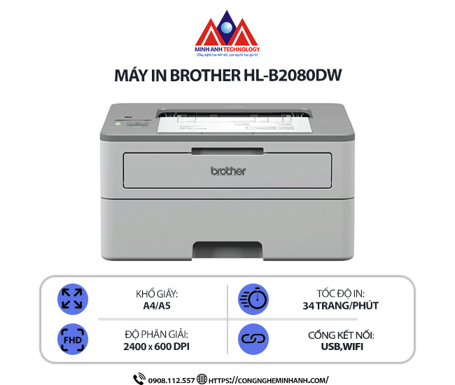 Máy in Brother HL-B2080DW - In laser trắng đen đơn năng, kết nối wifi & usb, in 2 mặt tự động, in qua điện thoại Máy in Brother HL-B2080DW - In laser trắng đen đơn năng, kết nối wifi & usb, in 2 mặt tự động, in qua điện thoại
