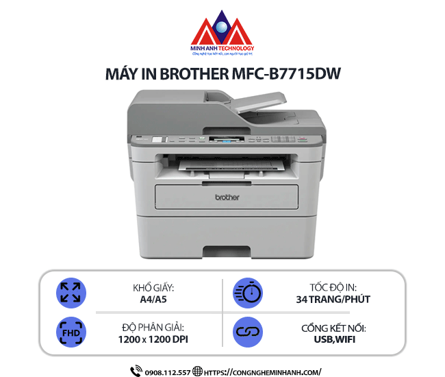 Máy in Brother MFC-B7715DW - In laser trắng đen đa năng, kết nối wifi & USB, in 2 mặt tự động, in qua điện thoại