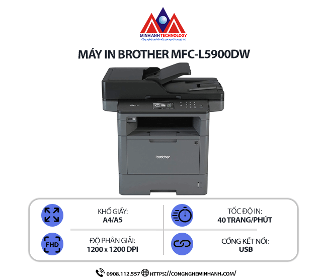 Máy in Brother MFC-L5900DW - In laser trắng đen đa năng, Scan, Copy, Fax, in 2 mặt tự động, kết nối WIFI & mạng LAN