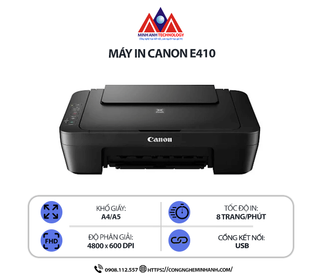 Máy in Canon E410 - In phun màu đa năng Print/Copy/Scan, kết nối USB, in khổ A4/A5, tiết kiệm mực