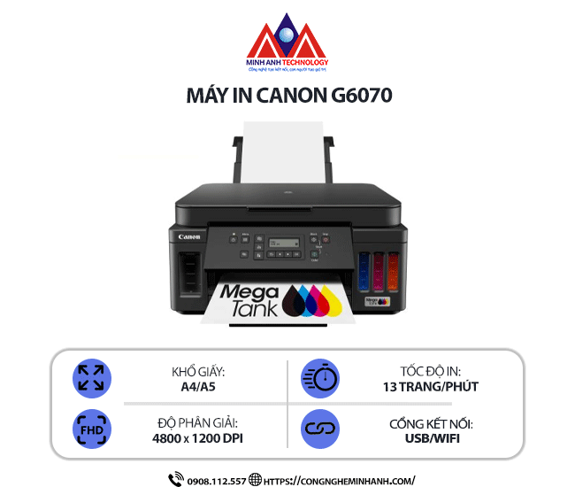 Máy in Canon G6070 - In phun màu đa năng, kết nối USB/Wi-Fi, in khổ A4/A5, in đảo mặt tự động, tiết kiệm mực
