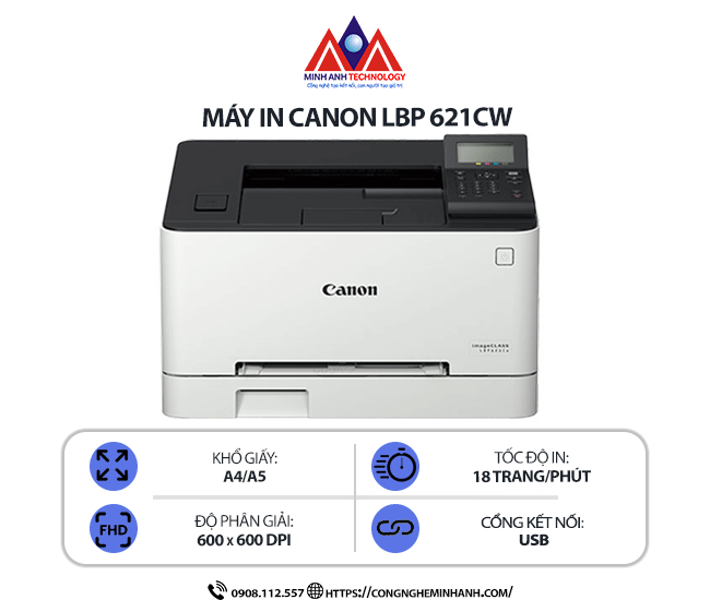 Máy in Canon LBP 621CW - In laser màu đơn năng, kết nối USB/Wi-Fi, in khổ A4/A5, tiết kiệm mực