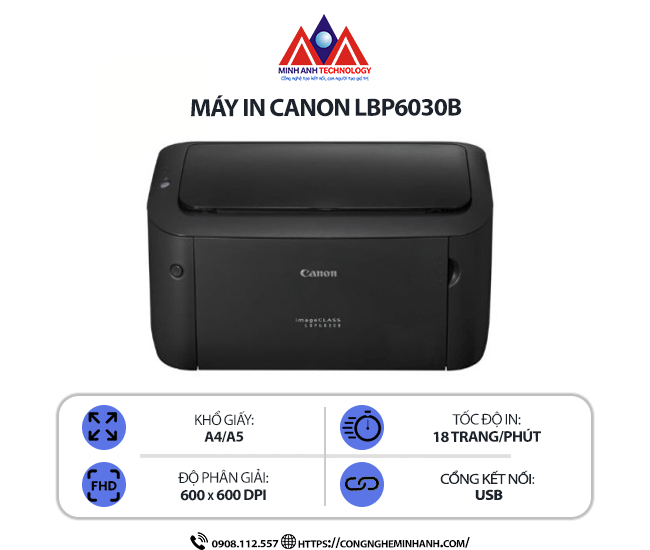 Máy in Canon LBP 6030B - In laser trắng đen đơn năng, kết nối cổng USB, in tốc độ cao