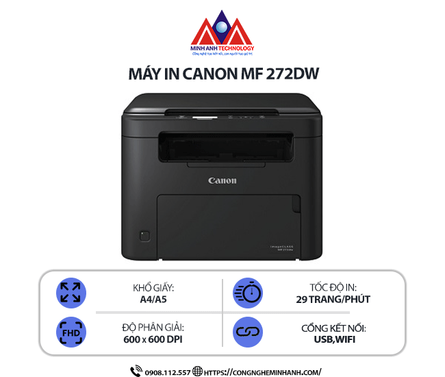Máy in Canon MF272DW – In laser trắng đen đa năng, in 2 mặt tự động, scan/copy, kết nối USB/WiFi, in khổ A4/A5 tốc độ cao