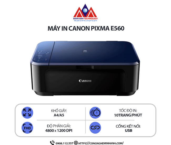 Máy in Canon PIXMA E560 - In phun màu đa năng Print/Copy/Scan, kết nối USB/LAN, in khổ A4/A5, tiết kiệm mực