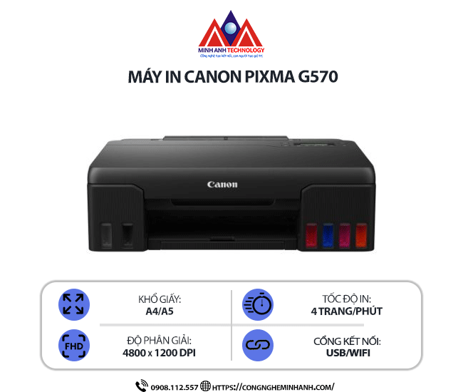 Máy in Canon PIXMA G570 - In phun màu đơn năng, kết nối USB/Wi-Fi, in khổ A4/A5, tiết kiệm mực