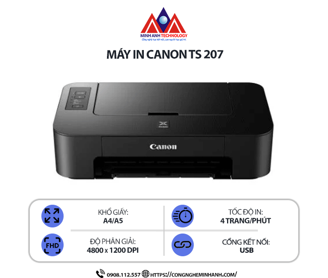 Máy in Canon TS207 - In phun màu Print/Copy/Scan, kết nối USB, in khổ A4/A5, tiết kiệm mực