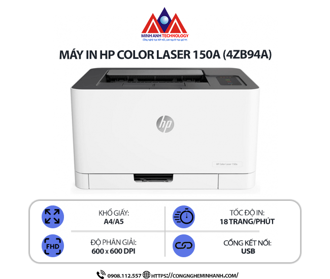 Máy in HP Color Laser 150A (4ZB94A) - In laser màu đơn năng, Kết nối cổng USB, in tốc độ cao