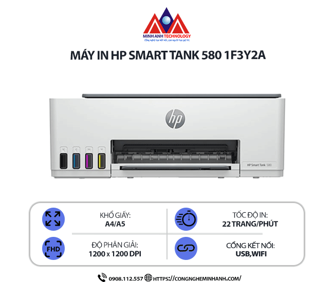 Máy in HP Smart Tank 580 1F3Y2A - In phun màu đa năng, Scan, Copy, kết nối WIFI/USB, in qua điện thoại, tiết kiệm mực