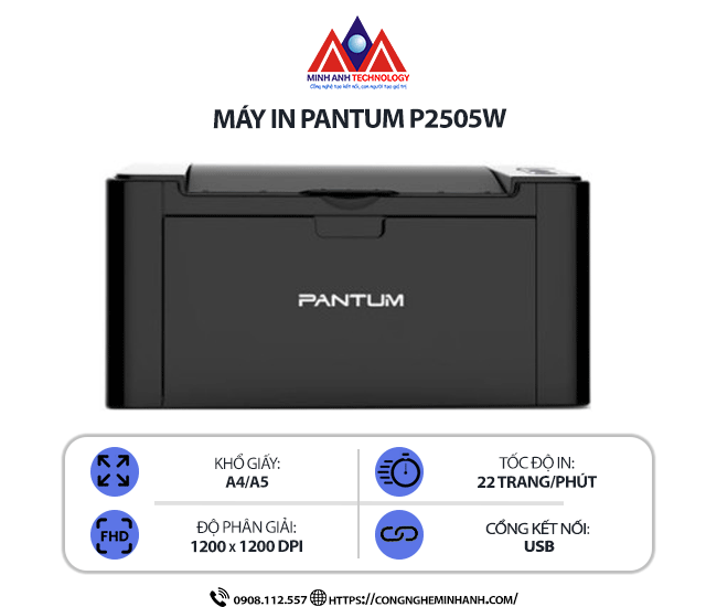 Máy in Pantum P2505W - In Laser Trắng Đen, Kết Nối WiFi & Cổng USB, In 1 Mặt, In Qua Điện Thoại