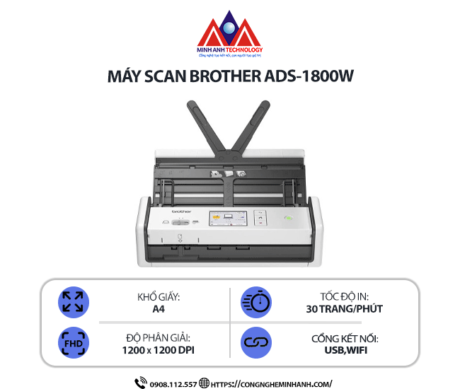 Máy Scan Brother ADS-1800W - Scan Tài Liệu  2 Mặt Tự Động, Kết Nối WiFi, Tốc Độ Cao, Khay ADF 50 Tờ