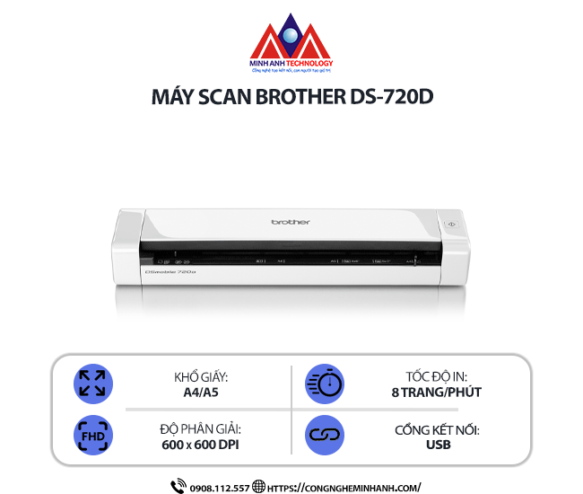 Máy scan Brother DS-720D -  Scan Tài Liệu 2 Mặt Tự Động, Kết Nối USB, Tốc Độ Cao