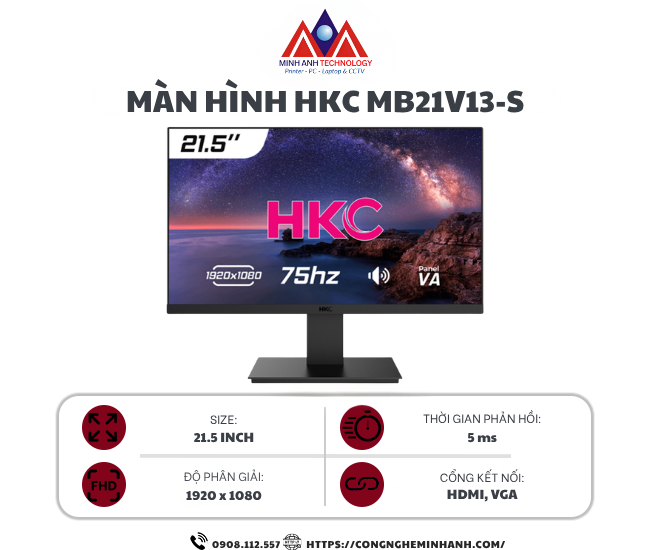 Màn hình HKC MB21V13-S (21.5Inch/ Full HD/ 75HZ/ 250cd/m2/ VA)