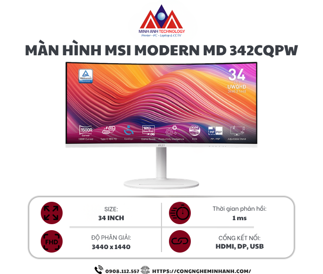 Màn hình MSI MD 342CQPW (34 inch/UWQHD/VA/120Hz/1ms/loa/USB-C/cong)