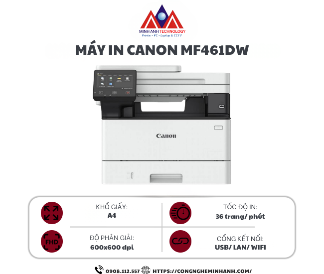Máy in laser đen trắng đa năng Canon MF461dw (In đảo mặt| Copy | Scan| ADF| A4| A5 USB| LAN| WIFI)