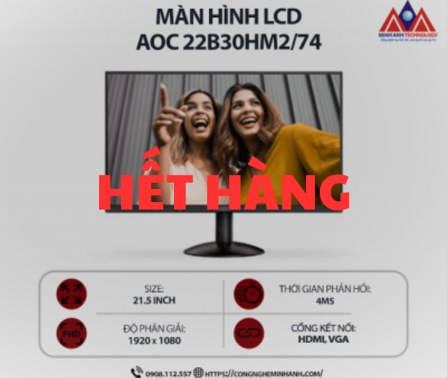 Màn hình máy tính AOC 22B30HM2/74 (21.5 inch VA/ 1920 × 1080/ 250 cd/m2/ 4ms/ 100Hz), bảo hành 24 tháng