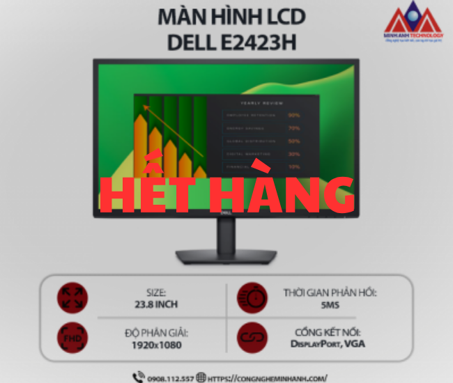 Màn hình máy tính Dell E2423H (23.8 inch VA/ 1920 x 1080/ 250 cd/m2/ 5ms/ 60Hz), bảo hành 24 tháng