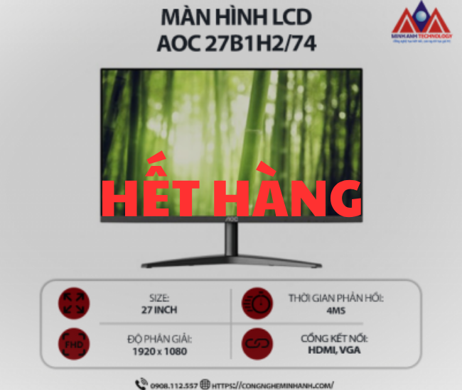 Màn hình máy tính AOC 27B1H2/74 (27 inch IPS/ 1920 × 1080/ 250 cd/m2/ 4ms/ 100Hz), bảo hành 24 tháng