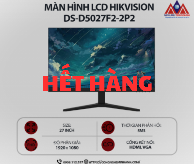 Màn hình máy tính Hikvision DS-D5027F2-2P2(27 inch IPS/ 1920 x 1080/ 300 cd/m2/ 5ms/ 60Hz), bảo hành 24 tháng
