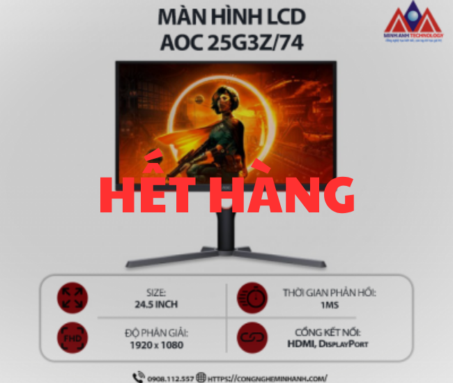 Màn hình máy tính AOC 25G3Z/74 (24.5 inch IPS/ 1920 × 1080/ 400 cd/m2/ 1ms/ 240Hz), bảo hành 24 tháng