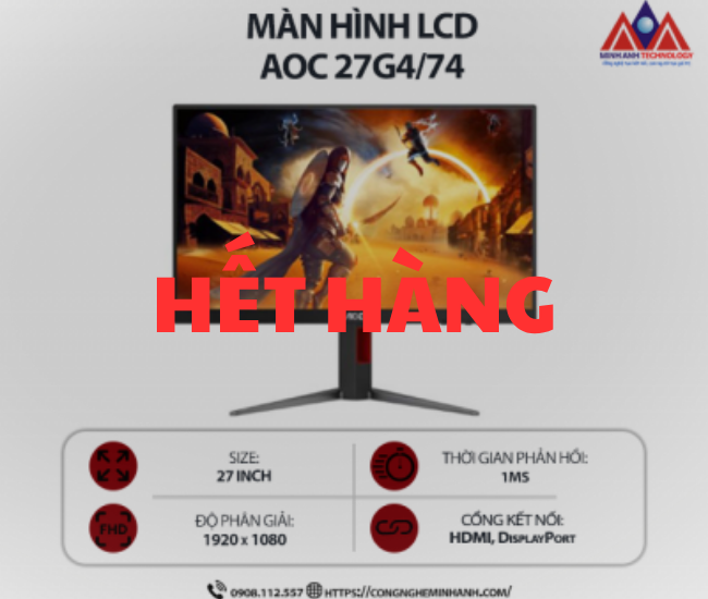 Màn hình máy tính AOC Gaming 27G4/74 (27 inch IPS/ 1920 × 1080/ 300 cd/m2/ 1ms/ 180Hz), bảo hành 24 tháng