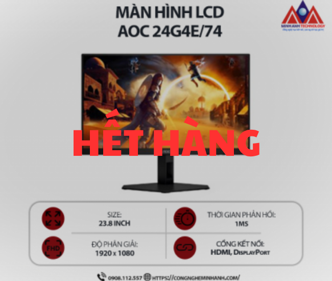 Màn hình máy tính AOC 24G4E/74 (23.8 inch IPS/ 1920 × 1080/ 300 cd/m2/ 1ms/ 180Hz), bảo hành 24 tháng