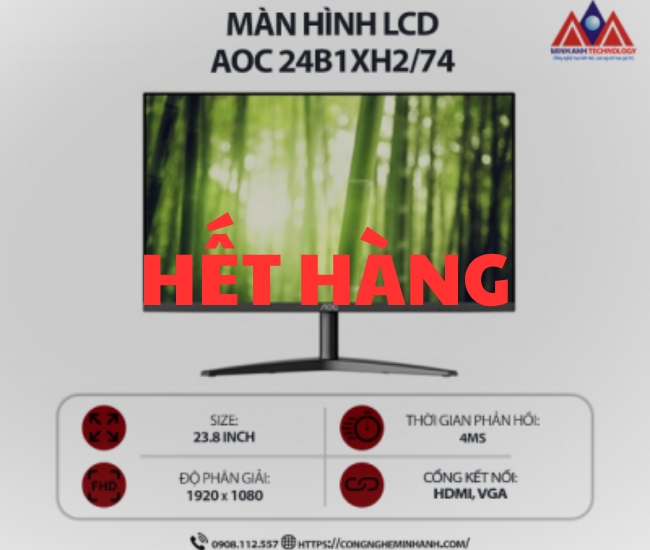 Màn hình máy tính AOC 24B1XH2/74 (23.8 inch IPS/ 1920 x 1080/ 250 cd/m2/ 4ms/ 100Hz), bảo hành 24 tháng