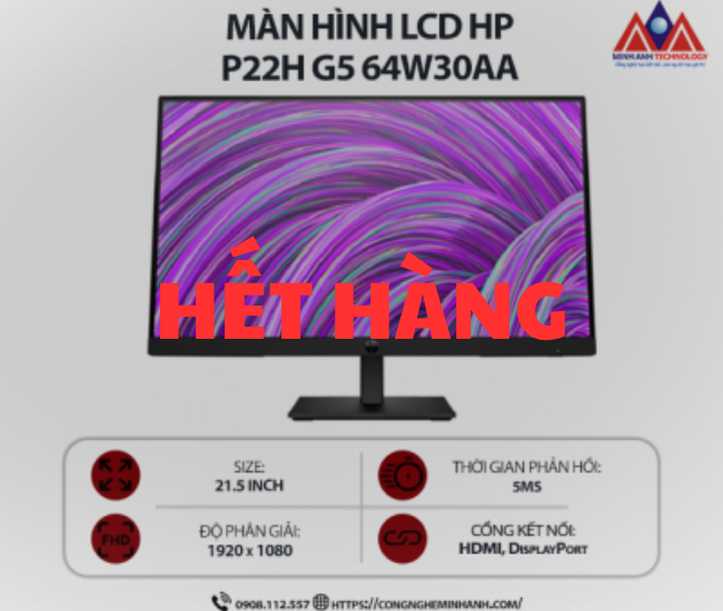 Màn hình máy tính HP P22h G5 64W30AA (21.5 inch IPS/ 1920 x 1080/ 250 nits/ 5ms/ 75Hz), bảo hành 24 tháng