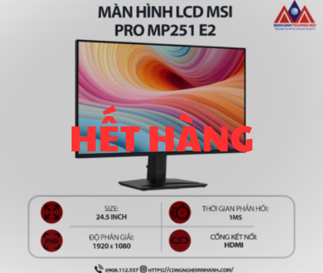 Màn hình máy tính MSI PRO MP251 E2 (24.5 inch IPS/ 1920 x 1080/ 300 nits/ 1ms/ 120Hz), bảo hành 24 tháng
