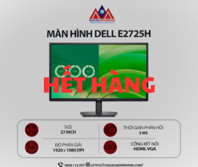 Màn hình máy tính Dell E2725H (27 inch / 1920x1080 / 300 cd/m² / 5ms / 75Hz), bảo hành 24 tháng