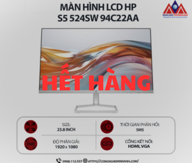 Màn hình máy tính HP S5 524sw 94C22AA (23.8 inch IPS/ 1920 x 1080/ 300 nits/ 5ms/ 100Hz), bảo hành 24 tháng