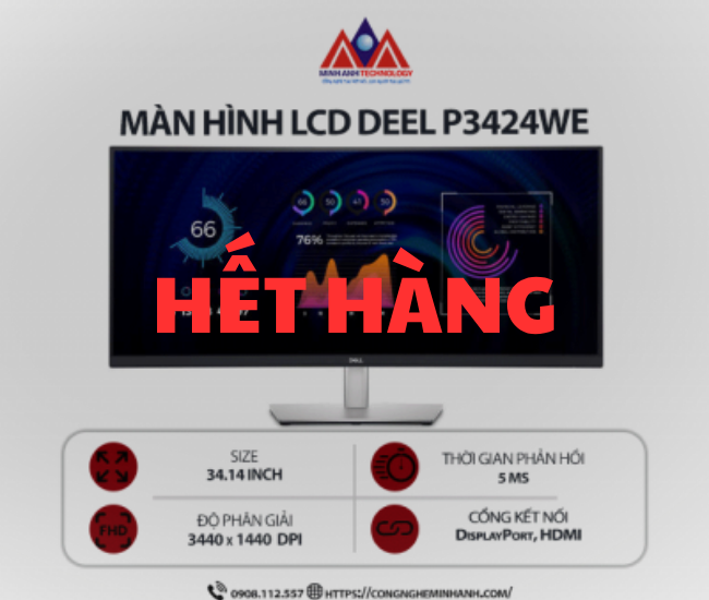 Màn hình máy tính Dell P3424WE (34.14 inch/ 3440 x 1440/ 300 cd/m2/ 5ms/ 60Hz), bảo hành 24 tháng