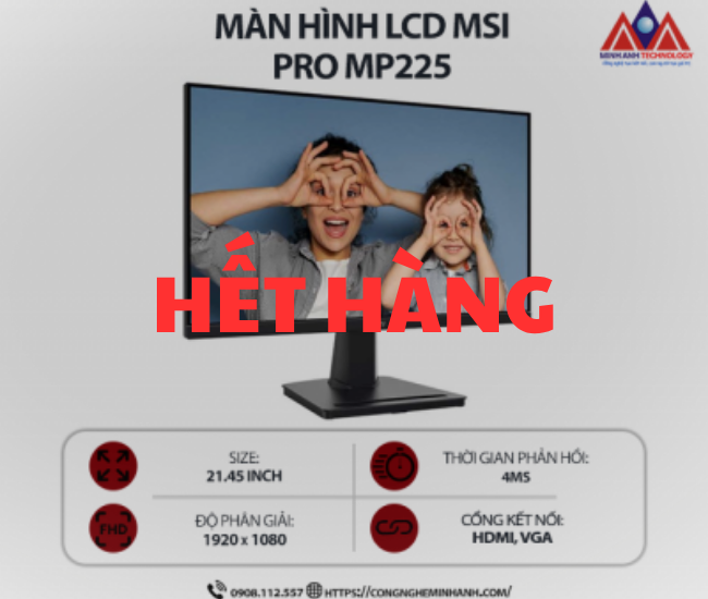 Màn hình máy tính MSI Pro MP225 (21.5 inch/ 1920 x 1080/ 250 cd/m2/ 1ms/ 100Hz), bảo hành 24 tháng