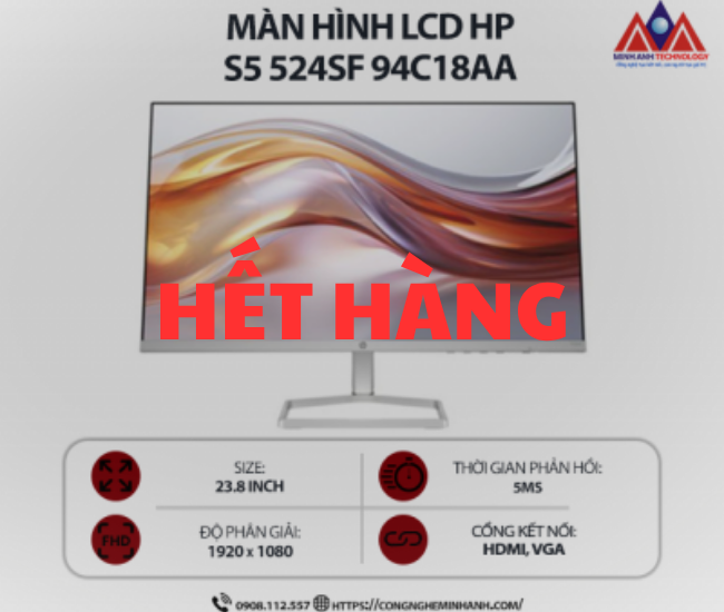 Màn hình máy tính HP S5 524sf 94C18AA (23.8 inch IPS/ 1920 x 1080/ 300 nits/ 5ms/ 100Hz), bảo hành 24 tháng