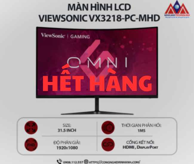 Màn hình máy tính Viewsonic VX3218-PC-MHD (31.5 inch VA/ 1920 x 1080/ 300 cd/m2/ 1ms/ 165Hz/ Curved), bảo hành 24 tháng
