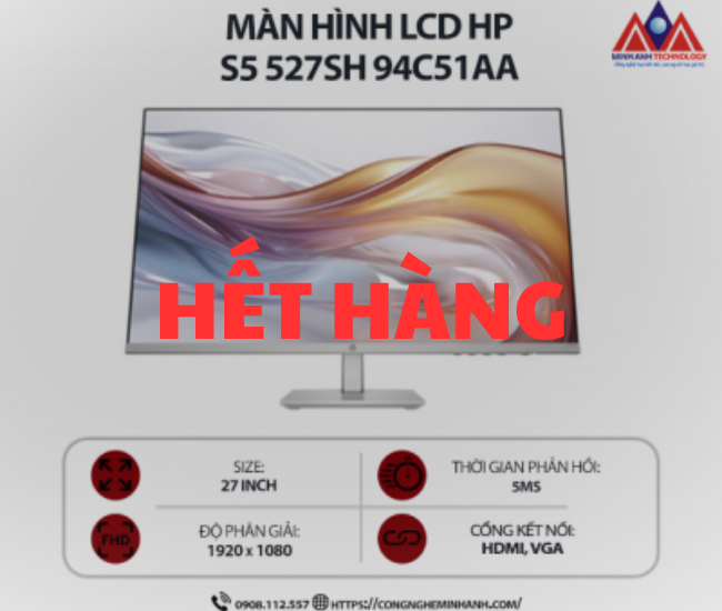 Màn hình máy tính HP S5 527sh 94C51AA (27 inch IPS/ 1920 x 1080/ 300 nits/ 5ms/ 100Hz), bảo hành 24 tháng