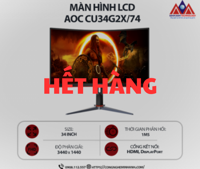 Màn hình máy tính AOC CU34G2X/74 (34 inch VA/ 3440 x 1440/ 300 cd/m2/ 1ms/ 144Hz), bảo hành 24 tháng