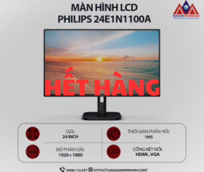 Màn hình máy tính Philips 24E1N1100A (24 inch IPS/ 1920 x 1080/ 250 cd/m2/ 1ms/ 100Hz), bảo hành 24 tháng