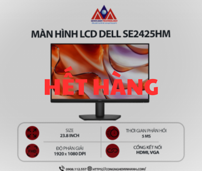 Màn hình máy tính Dell SE2425HM (23.8 inch/ 1920 x 1080/ 250 cd/m2/ 5ms/ 100Hz), bảo hành 24 tháng