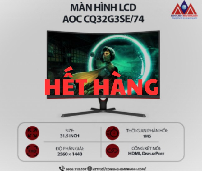Màn hình máy tính AOC CQ32G3SE/74 (31.5 inch VA/ 2560 x 1440/ 250 cd/m2/ 1ms/ 165Hz/ Curved), bảo hành 24 tháng