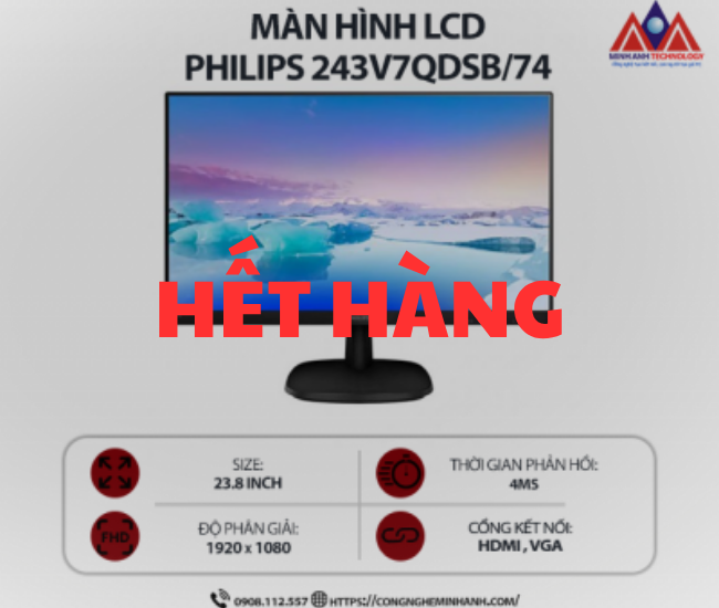 Màn hình máy tính Philips 243V7QDSB/74 (23.8 inch VA/ 1920 x 1080/ 250 cd/m2/ 4ms/ 75Hz), bảo hành 24 tháng