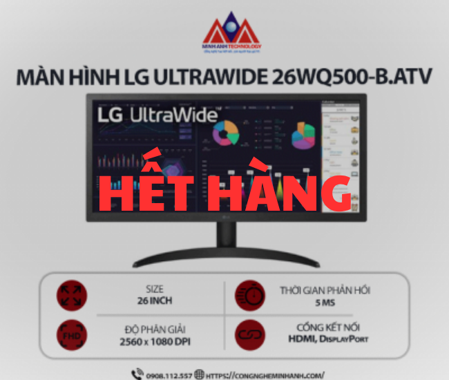Màn hình LCD LG UltraWide 26WQ500-B.ATV (26 inch/ 2560 x 1080/ 250 cd/m2/ 5ms/ 75Hz), bảo hành 24 tháng