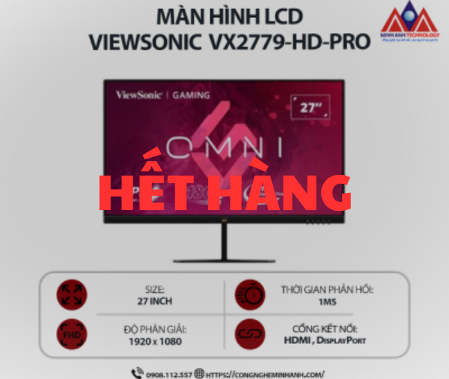 Màn hình máy tính Viewsonic VX2779-HD-PRO (27 inch IPS/ 1920 x 1080/ 250 cd/m2/ 1ms/ 180Hz), bảo hành 24 tháng