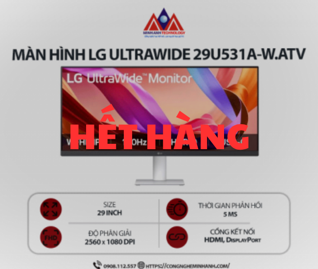 Màn hình máy tính LG UltraWide 29U531A-W.ATV (29 inch/ 2560 x 1080/ 250 cd/m2/ 5ms/ 100Hz), bảo hành 24 tháng