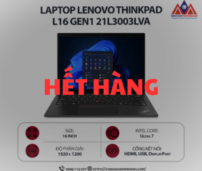 Laptop Lenovo ThinkPad L16 Gen 1 21L3003LVA (Ultra 7 155H/ Ram 16GB/ SSD 512GB/ 1Y/ Đen)