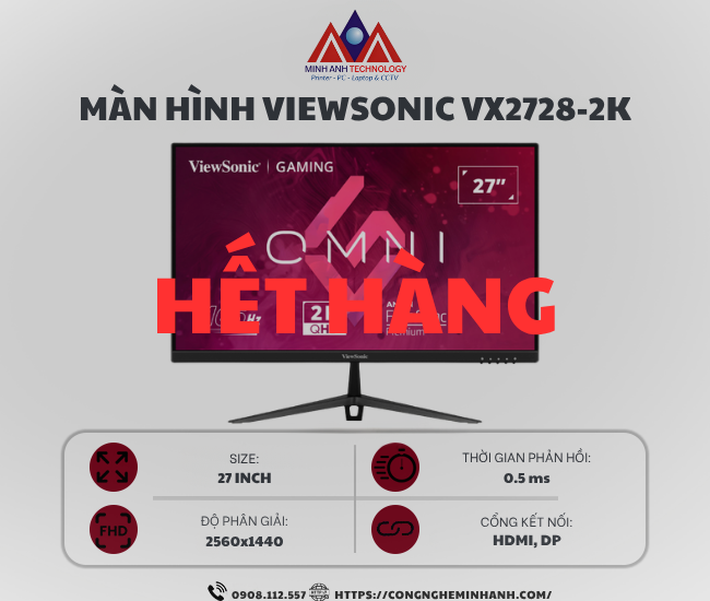 Màn hình máy tính Viewsonic VX2728-2K (27 inch IPS/ 2560 x 1440/ 250 cd/m2/ 0.5ms/ 165Hz), bảo hành 24 tháng
