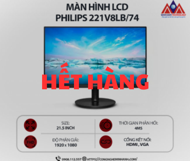 Màn hình máy tính Philips 221V8LB/74 (21.5 inch VA/ 1920 x 1080/ 250 cd/m2/ 4ms/ 100Hz), bảo hành 24 tháng