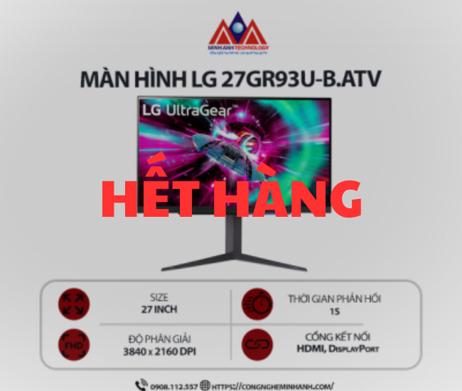 Màn hình máy tính LG 27GR93U-B.ATV (27 inch/ 3840 x 2160/ 400 cd/m2/ 1ms/ 144Hz), bảo hành 24 tháng