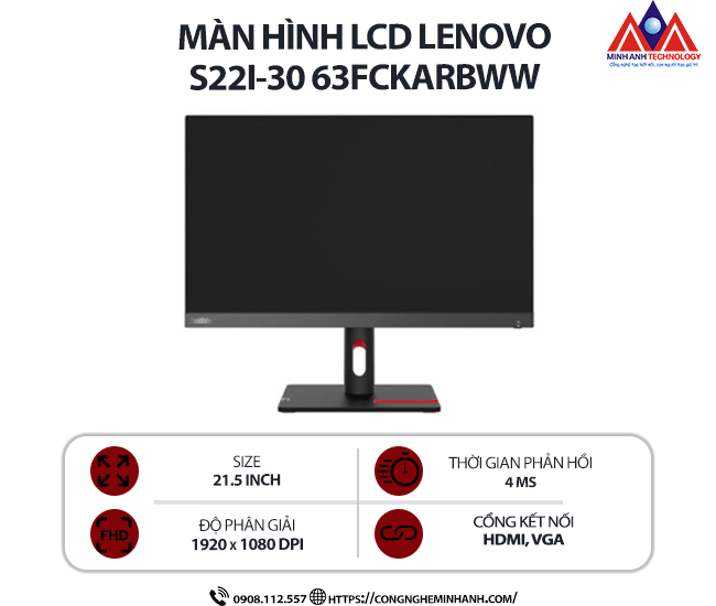 Màn hình máy tính Lenovo ThinkVision S22i-30 63FCKARBWW (21.5 inch IPS/ 1920 x 1080/ 250 cd/m2/ 4ms/ 75Hz), bảo hành 24 tháng