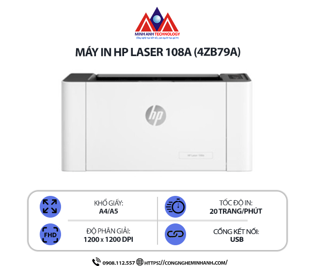 Máy in HP 108A (4ZB79A) – In laser trắng đen, in 1 mặt, kết nối cổng USB, tốc độ 20 trang/phút
